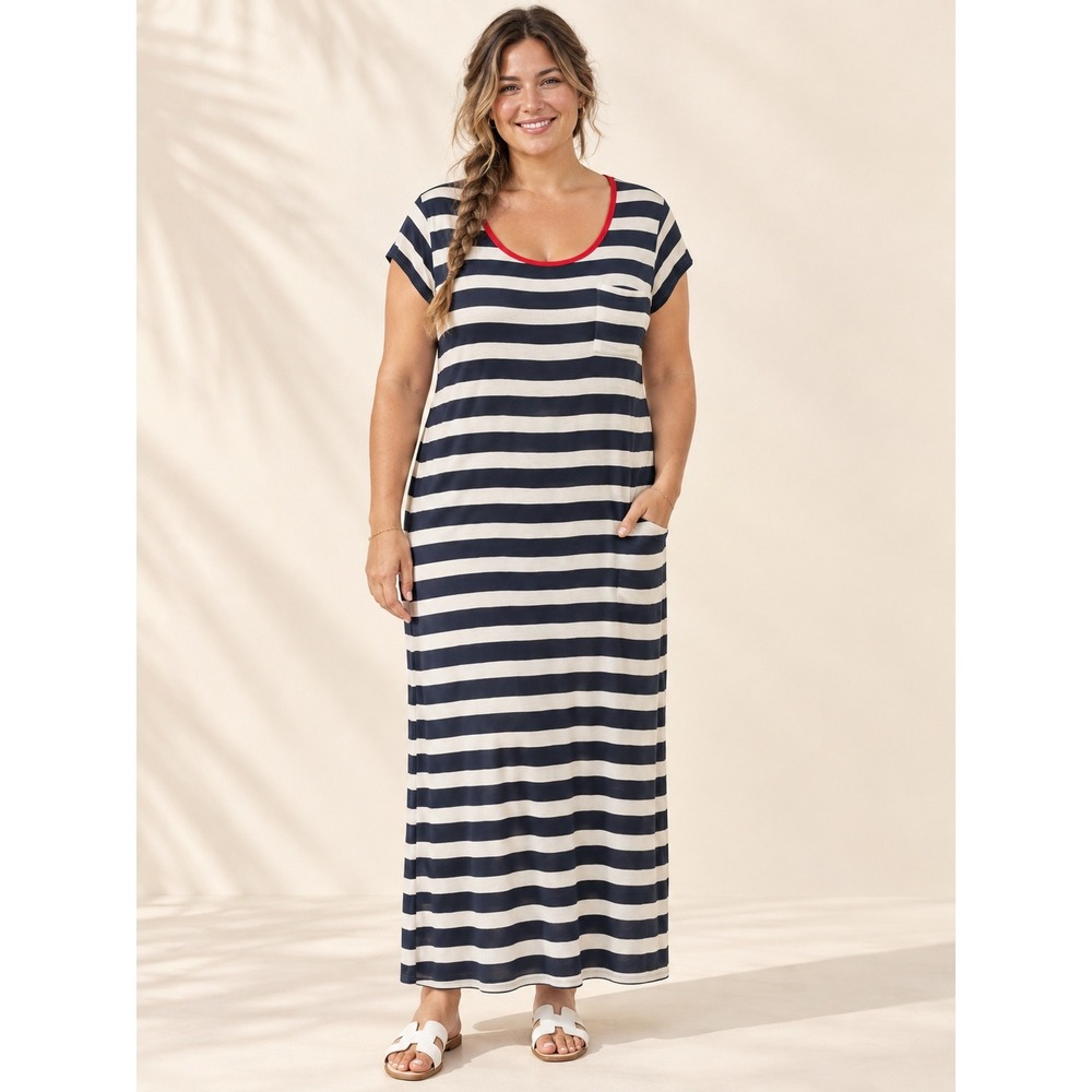 Boho Nautical Coastal Soft Gap NavyWhite Stripe Cap Sleeve TShirt Maxi XL Dress